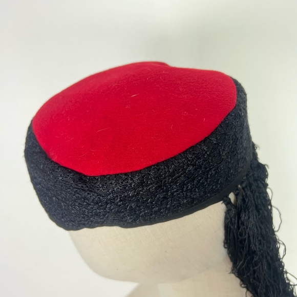TASSEL FRINGE 1950’s Wool Soutache Embroidered Red and Black Women's Pillbox Hat - Picture 12 of 17